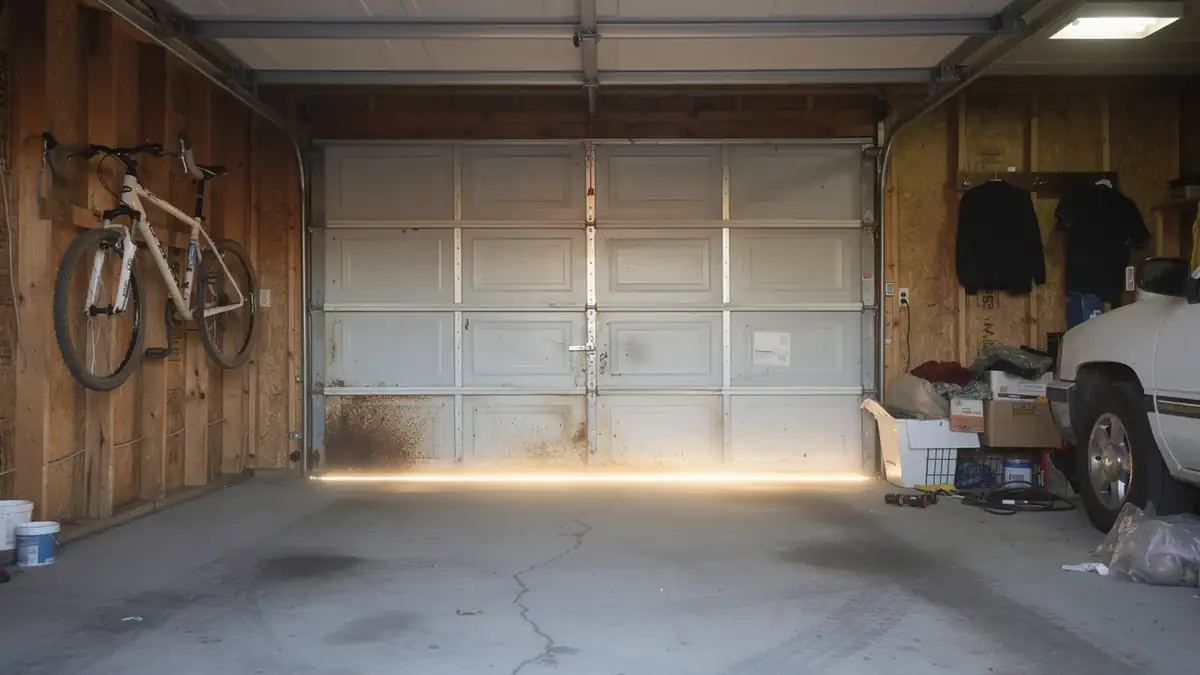 A white garage door is closed with a gap at the bottom.