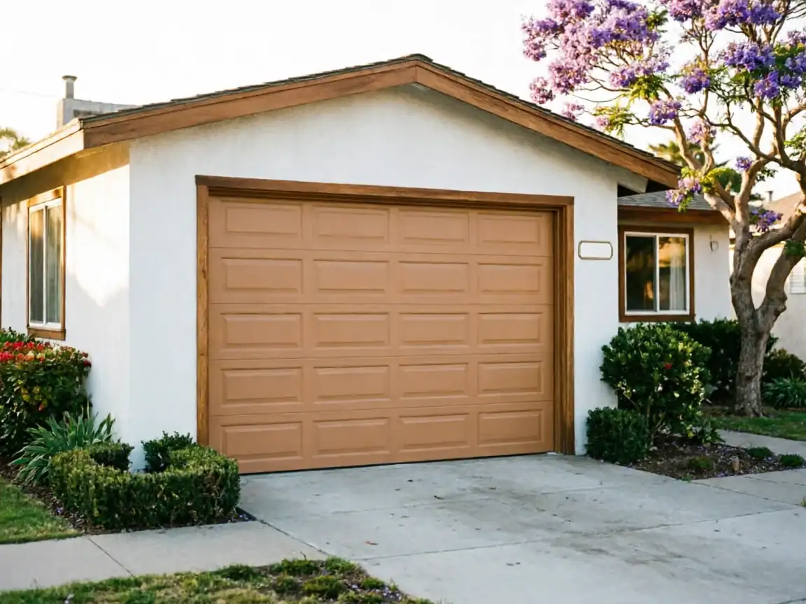 A brown garage door on a white house with a purple flowering tree.
