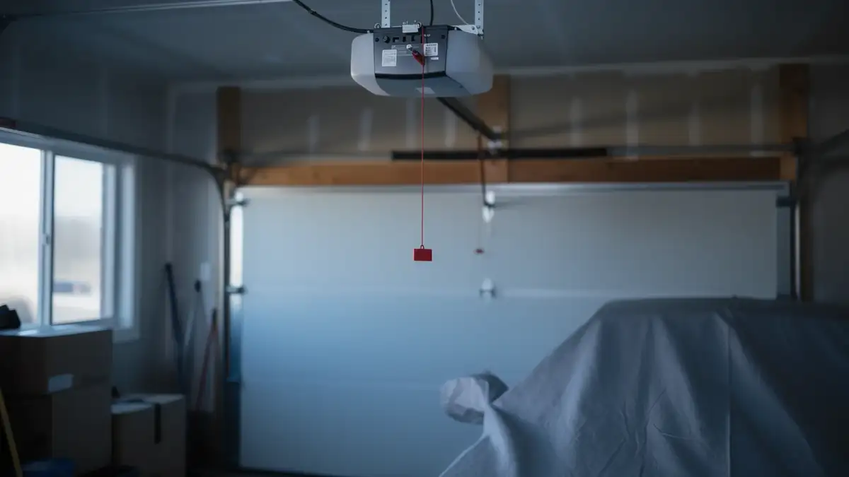 A garage door opener hangs from the ceiling with a red emergency release cord.