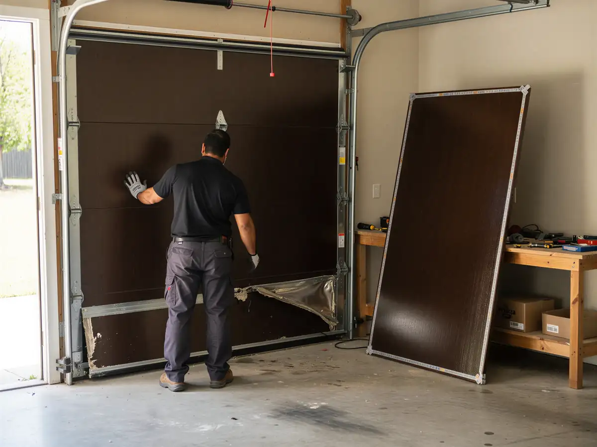 A technician works on a damaged brown garage door with a panel removed.